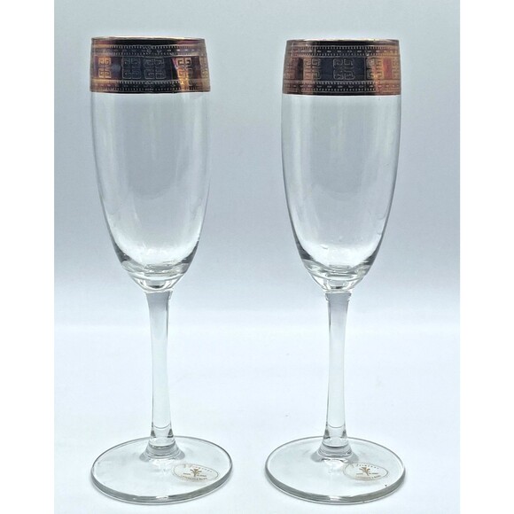 Set Of 2 Murano J Preziosi Glasses Flutes with Gold Greek Key Rim Italy - Picture 7 of 13